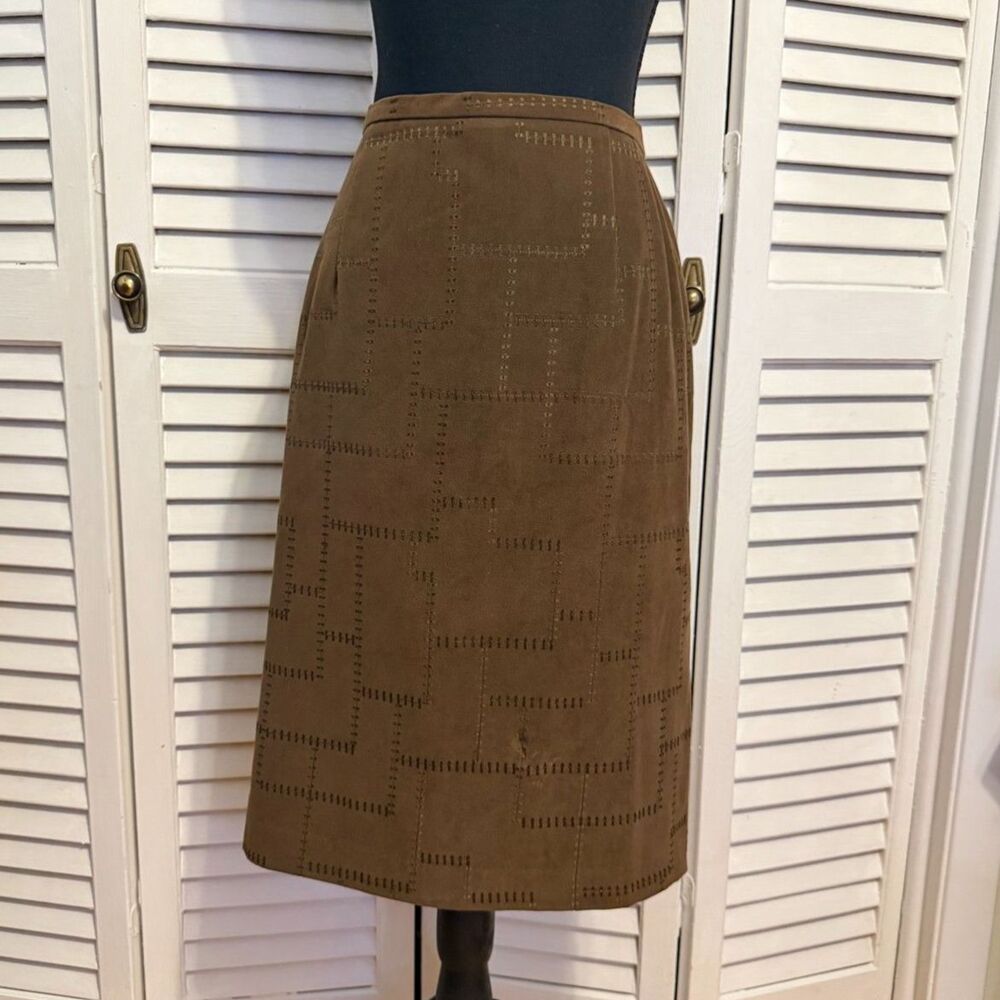 Vintage Harve Bernard Brown Faux Suede Patchwork Pencil Skirt Size 12 Boho